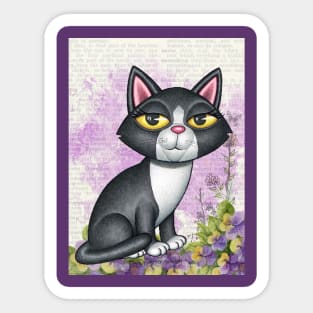 Fun black and white kitty cat with purplish flowers Sticker